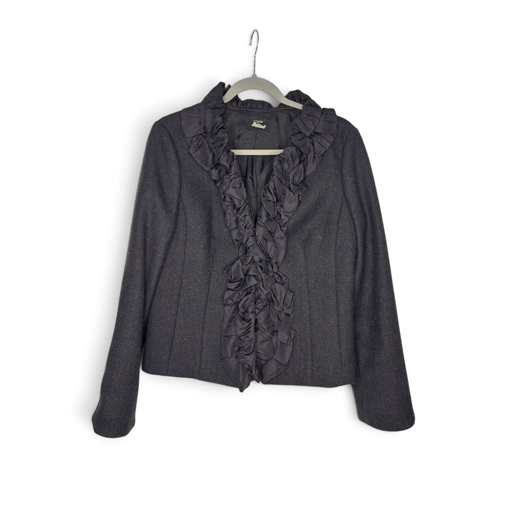 J.Crew Women's Size 8 Charcoal Wool Silk Ruffle Front Blazer Jacket